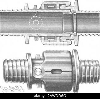 Volume Americano Scientifico 76 Numero 13 (Marzo 1897) . tra i corpi principali delle ganasce ed il tubo è presente una molla, e le ganasce hanno una flangia interna che forma un fermo per i ganci della sezione di fissaggio. Le molle agiscono normalmente per trascinare i ganci esterni l'uno verso l'altro, e una formazione allungata è formata in parte in ciascuna ganascia per l'inserimento di un attrezzo per fare leva le ganasce. L'altra sezione di accoppiamentoha un anello o collo sul quale è un gancio anulare atto ad essere impegnato dai ganci delle griffe quando ilo parti dell'aredi accoppiamentospinti insieme,le superfici di accoppiamentoessendo arrotondatoassicurano un Foto Stock
