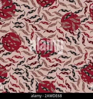 piume stilizzate e pois pois motivo vettoriale senza cuciture in rosso e nero beige Illustrazione Vettoriale