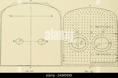 Posa per caldaie e macchine per lamiera; un trattato pratico sulla disposizione di caldaie, pile, serbatoi, tubi, gomiti e lavori di lamiera vari. Larghezza della flangia al di fuori di questo. Ora otteniamo la linea esterna B e B della lamiera. Trafilare la linea centrale CC sulla piastra ordinata forquesto foglio, lasciando almeno J4 di pollice per la rifilatura sulla parte superiore del foglio. Tutto il metallo e.xtra deve essere rimosso e il profilo del foglio deve essere liscio prima di poter essere flangiato. Fig. 25 mostra questo foglio come apparirà su un foglio piatto. Tutti i fori Foto Stock