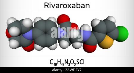 La molecola di rivaroxaban. È un anticoagulante e l'inibitore diretto del fattore Xa attivo per via orale. Modello molecolare. Rendering 3D Foto Stock