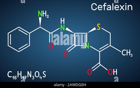 Cefalexina, cefalexina, molecola C16H17N3O4S. È un antibiotico cefalosporinico di prima generazione di beta-lattame ad attività battericida. Strutturale che Illustrazione Vettoriale
