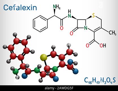 Cefalexina, cefalexina, molecola C16H17N3O4S. È un antibiotico cefalosporinico di prima generazione di beta-lattame ad attività battericida. Strutturale che Illustrazione Vettoriale