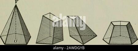 Geometria piana e solida . PRENOTA VII 351 749. Def. Una piramide è triangolare, quadrangolare, ecc., ac-cording come base è un triangolo, un quadrilatero, ecc. 750. Domande. Quante facce hanno una piramide triangolare? un tet-rahedron? Questi termini possono essere usati in modo intercambiabile? Quante basi dif-ferent possono avere una piramide triangolare? 751. Def. L'altitudine di una piramide è la perpendicolarità dal vertice al piano della base, come VO nella figura sottostante, e nella figura alla pagina precedente. RegularPyramid Tronco Tronco Di Tronco Di piramide Piramide Triangolare piramide Piramide Piramide Regolare 752. Def. Un retul Foto Stock