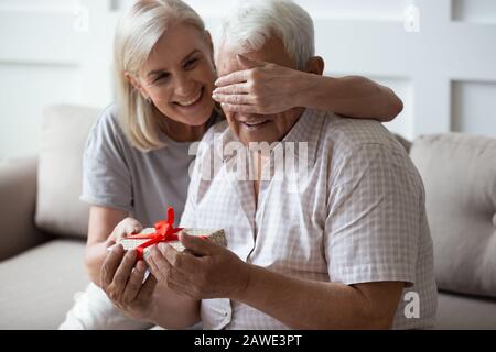 Amorevole moglie matura congratularsi con il marito con il compleanno Foto Stock