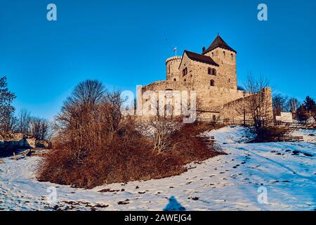 Splendida vista panoramica sul Castello di Bedzin, nel sud della Polonia. Il castello di pietra risale al 12th secolo, ed è preceduto da una fortificazione di legno Foto Stock