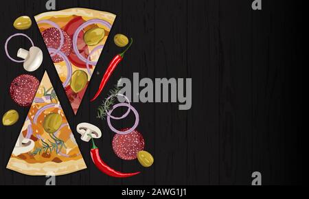 Italiano originale salsiccia per pizza e pizza a fungo fetta su sfondo nero Illustrazione Vettoriale