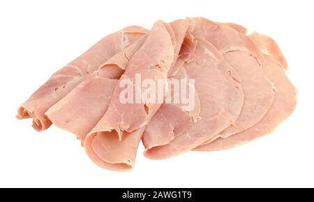 Gruppo di fette di prosciutto di Wiltshire tradizionali a fette sottili isolate su uno sfondo bianco Foto Stock