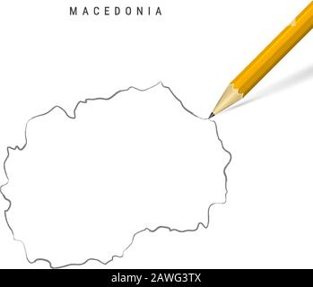 Macedonia mano libera matita schizzo mappa contorno isolato su sfondo bianco. Mappa vettoriale vuota disegnata a mano della Macedonia. Matita 3D realistica con sha morbido Illustrazione Vettoriale