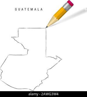 Mappa del profilo dello schizzo a matita a mano libera del Guatemala isolata su sfondo bianco. Mappa vettoriale disegnata a mano vuota del Guatemala. Matita 3D realistica con sha morbido Illustrazione Vettoriale