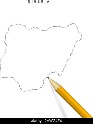 Nigeria disegno matita a mano libera mappa del contorno isolato su sfondo bianco. Mappa vettoriale vuota disegnata a mano della Nigeria. Matita 3D realistica con ombra morbida. Illustrazione Vettoriale