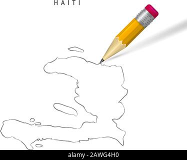 Haiti disegno a matita a mano libera mappa del contorno isolato su sfondo bianco. Mappa vettoriale vuota disegnata a mano di Haiti. Matita 3D realistica con ombra morbida. Illustrazione Vettoriale