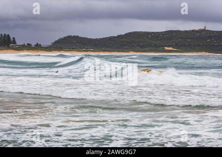 Palm Beach, New South Wales, Australia. 9th Feb, 2020. Le onde si rompono. Nelle prossime 24 ore viene monitorato un canale costiero al largo della costa del NSW per lo sviluppo della East Coast Low. Questo sistema si muoverà solo lentamente verso sud e porterà periodi di pioggia sempre più diffusi e prolungati al cacciatore e alla costa meridionale del NSW. Le previsioni sulle alte maree da domenica a martedì possono esacerbare le condizioni delle inondazioni nelle zone costiere più basse. Un severo avvertimento di tempo è stato emesso per il Metropolitan, Illawarra, Costa del Sud e parti dei fiumi del Nord, Costa del Nord Centrale, Hunter, Tablelands Centrale, Tableland del Sud Foto Stock