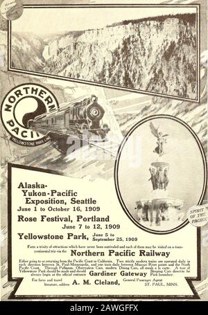 Numero centennale Lincoln . ANNUNCI SECOLO-FERROVIE 55. 2 ;/d Alaska-Yukon - PacificExposition, Seattle dal 1° giugno al 16 ottobre 1909 Rose Festival, Portland dal 7 al 12 giugno 1909 Yellowstone Park, geu;TEE^°r 25&gt; 1909 Formano una trinità di attrazioni che non sono mai state completamente visitate e ognuna di esse può essere visitata in un viaggio trans-continentale attraverso la Northern Pacific Railway o Goins o ritorno dalla Pacific Coast o dalla California. Due treni rigorosamente moderni sono operati giornalmente in ogni direzione tra St. Paul-Minneapolis, e un treno giornalmente tra i punti del fiume Missouri e la N. Foto Stock