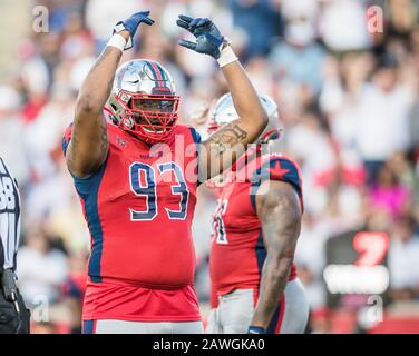 Houston, Texas, Stati Uniti. 8th Feb, 2020. Houston Roughnecks Defensive End Corey Crawford (93) celebra una sosta difensiva nel gioco XFL tra Los Angeles Wildcats e Houston Roughnecks allo Stadio TDECU di Houston, Texas. Houston Sconfisse Los Angeles 37-17. Prentice C. James/CSM/Alamy Live News Foto Stock