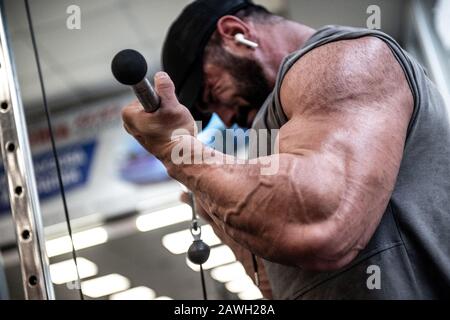 allenamento muscolare bicipiti da giovane uomo forte sollevamento pesante peso con forte tensione stress sul suo viso Foto Stock