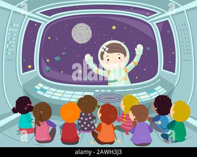 Illustrazione Di Stickman Kids In Space Ship Osservazione Dello Spazio Esterno Con Astronauta Che Ondola Dall'Esterno Foto Stock