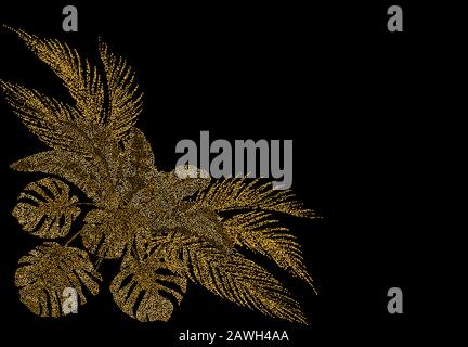 Foglie di palma oro tropicale. Ogawa, Monstera, Banana. Stilizzato da cerchi. Illustrazione del vettore Illustrazione Vettoriale