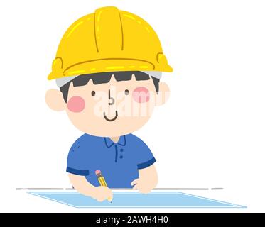 Illustrazione di un Kid Boy Che Indossa il cappello rigido giallo Construction e disegno su Blueprint Foto Stock