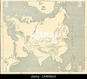 Nouvelle géographie universelle : la terre et les hommes . MONTAGNES DE LASIE. 7 le parallélisme évident des arêtes se retrouve dans la plupart des systèmesmontagneux de la Sibérie, de la Chine, de la Transgarîgétique, de Linde, delIran, de laie antérieure. Dune manière générale, et sans tenir comptedes innombrables inflexions des crêtes, on peut dire que les monts delAsie affectent deux directions principales : celle de lest-sud-est à louest-nord-ouest, comme dans lAltaï, le Tarbagataï, lHimalaya ocidental, les N° 2. PARALLÉLISME DES HAUTES CHAINES ASIATIQUES. Méridien de Far. D. après F d Foto Stock