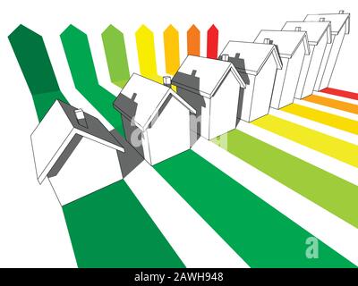 Sette case certificate in sette classi energetiche in energia schema di classificazione Illustrazione Vettoriale