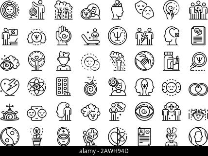 Set di icone psicologo, stile di contorno Illustrazione Vettoriale