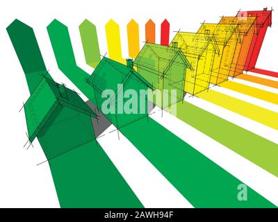 Sette case certificate in sette classi energetiche in energia schema di classificazione Illustrazione Vettoriale