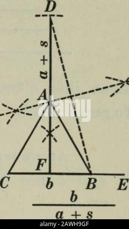 Geometria piana e solida. Triangolo oscele, dato ^thejiase e la somma del lato e dell'altitudine. Soluzione. Sia b la base richiesta e sia a 4- s la somma dell'altitudine e di un side.Immaginate il problema risolto, dando un ABC, Segnando le linee date e studiando la figura, la seguente procedura sarà fondamentale: Su una linea illimitata CE layoff CB = b ; poi disegnare la bisettrice JL di CB e su di essa deporre FD = a -^ s. È ora necessario interrompere una parte di a + s per formare AB. Il fatto che AB debba essere uguale ad dovrebbe suggerire anisoscele A di cui BD sarà la base e di cui Foto Stock