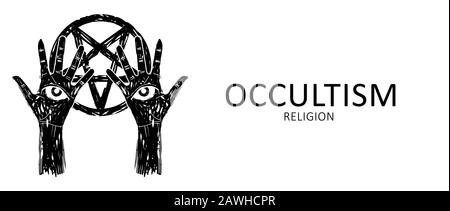 Due mani con occhio allvedente disegnato sulle palme con pentagramma Foto Stock