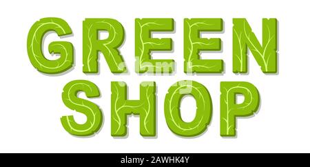 Modello di progettazione Green Shop con posto per il testo. Disegno di poster di lettering di lattuga vegetale. Immagine vettoriale isolata su sfondo bianco. Illustrazione Vettoriale