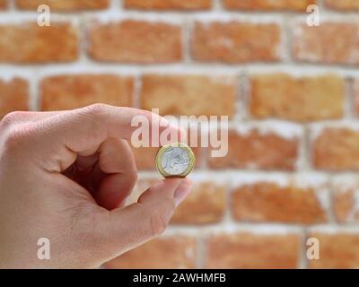 una moneta in euro tra pollice e indice dito di una mano maschio di fronte a muro di mattoni sfondo con spazio copia Foto Stock