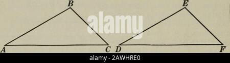 Geometria piana e solida . BA cadrà dopo aver messo BC sulla ST? Coudyou ha scelto dove BA dovrebbe cadere al primo? 104. Nota. Nell'applicare una figura ad un'altra, cominci sempre con l'aline. Posizionare un'estremità di esso su un'estremità di un'altra linea e rendere gli spaghi collineari sullo stesso lato del colpo. Nel corso del processo, determinare prima la direzione di ogni linea di willtake, e poi dove la sua fine cadrà. Se due linee sono uguali, una può essere posta sull'altra estremità, poiché le linee coincidono. Es. 52. Dato due triangoli ABC e DEF, tale che: (1) AC =DF^ angolo A è maggiore Th Foto Stock