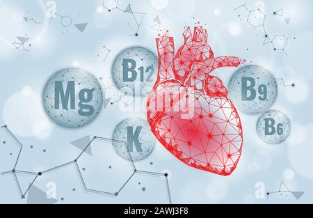 Supplemento per la cura cardiovascolare del cuore. Vitamina minerale complesso farmacia modello di annuncio. Il sistema vascolare umano supporta la protezione sanitaria. Vettore 3D Illustrazione Vettoriale