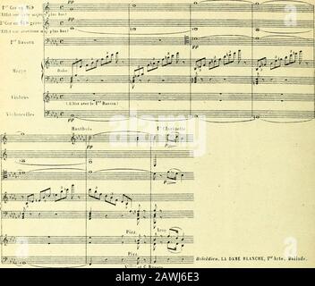 Nouveau traité d'strumentation . Meyerbeer. Le PROPHETEActe II, pag.122. 8854 SL 80 HARPE Quant aux harmonies renfermant des éléments chromatiques, elles ne conviennentà laharpe quautant que les accords sy succèdent sans précipitation. Es. 134. I Cor en Mil» (Effet:une sixte maggiore jilus bas) il Q m 2- Cor en si v gruv&lt; Effutuar iouviLiie maj.ylus bas) moderato. 96 =JPP. Boïctdieti,LX DAME BLANCHE, IerActe, Ballade. Ellc»et C.Basses Des passages aussi compéqués que les suivants ne sont supportables et possibles quen-tre les mainor de virtuoses rompus à toutes les difficultés, et capable Foto Stock