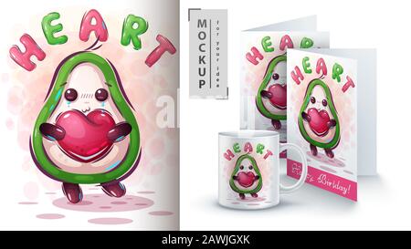 Avocado con poster cuore e merchandising Illustrazione Vettoriale