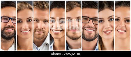 Collage di ritratti di un etnicamente diversi giovani uomini di affari. Foto Stock