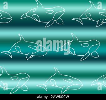 Vettore senza cuciture modello di bianco killer whale nuoto su gradiente sfondo marino. Motivo linea Art Orca Illustrazione Vettoriale
