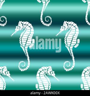 Illustrazione vettoriale di cavalluccio marino bianco su sfondo verde gradiente onda di mare. Modello senza cuciture con drago di mare disegnato a mano Illustrazione Vettoriale