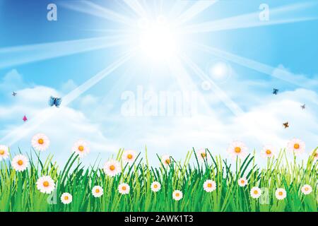 Astratto sfondo bello fiore per un concetto di primavera contro cielo blu e sole flare vettore illustrazione Illustrazione Vettoriale