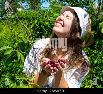 mani che tengono bacche fresche in giorno di natura Foto Stock