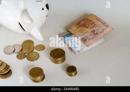 Accanto a monete e banconote di diverse denominazioni. Hryvnia Ucraina un penny su uno sfondo chiaro. Attenzione alle banconote in carta. Vista laterale. Selezione Foto Stock