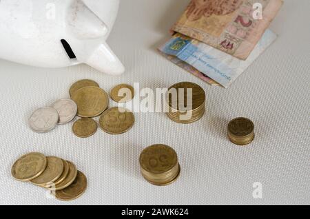 Hryvnia Ucraina un penny su uno sfondo chiaro. Denaro di diverse denominazioni. Vista laterale. Messa a fuoco selettiva. Primo piano. Foto Stock