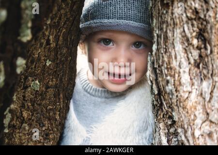 Primo piano di bella ragazza giovane modello sorridente e peering attraverso un divario tra tronchi di albero nei boschi indossando abiti invernali Foto Stock