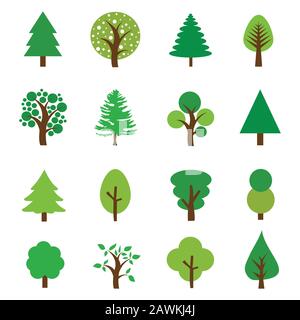 Gruppo di icone piatte albero alberi verdi icone Imposta vettore immagine Illustrazione Vettoriale