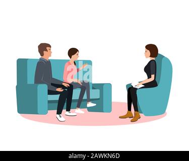 Coppia sposata su divano e psicologo donna o psicoterapeuta seduto davanti a loro. Crisi matrimoniale, conflitto familiare, problema di relazione Illustrazione Vettoriale