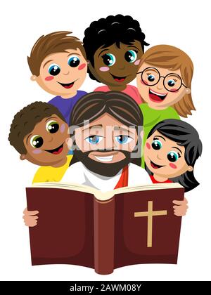 Gruppo di bambini multiculturali felici che circondano gesù cristo leggere libro sacro della bibbia isolato su bianco Foto Stock