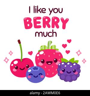 Kawaii bacche sorridenti con testo lettering Mi Piace Molto Berry. Divertente immagine di un cucciolo di frutta per il design del biglietto di auguri di San Valentino. Cute e simpl Illustrazione Vettoriale