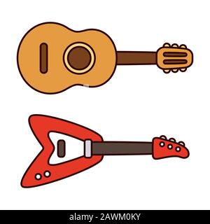 Due chitarre cartoon: Classica chitarra rock elettrica acustica e moderna. Semplice immagine vettoriale cute degli strumenti musicali. Illustrazione Vettoriale