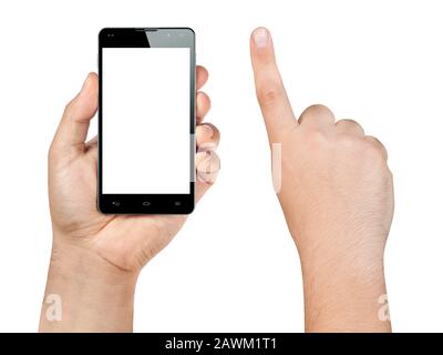 Tenere la mano in primo piano e mostrare lo smartphone o il cellulare con lo schermo vuoto e il dito indice pronto per toccare isolato su bianco. Foto Stock