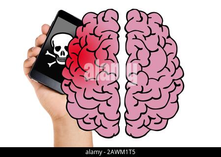 Mano che tiene il cervello mobile irradiante e che causa il danno di salute isolato. Concetto Di Cancro Foto Stock