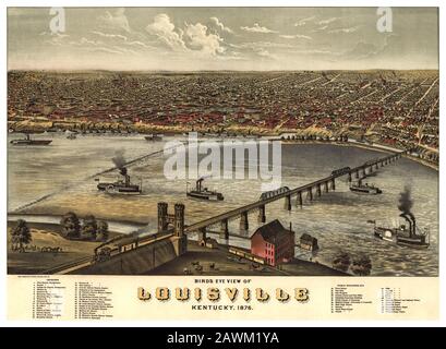 Vintage LOUISVILLE Kentucky poster ad alta risoluzione illustrazione 1876 litografia Birds Eye View con importanti edifici annotati Foto Stock